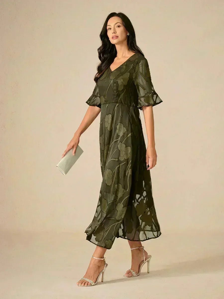 V-Neck Flutter Sleeve Floral Burnout Sheer A-Line Maxi Dress
