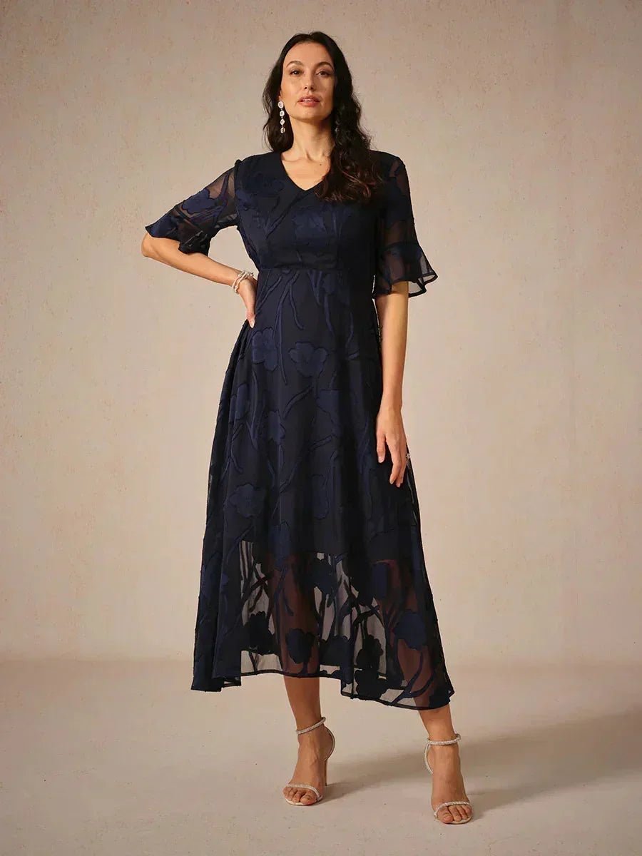 V-Neck Flutter Sleeve Floral Burnout Sheer A-Line Maxi Dress