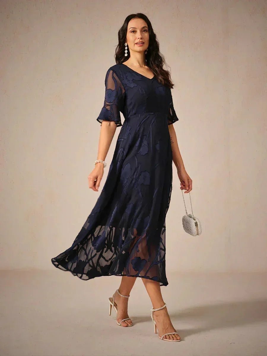V-Neck Flutter Sleeve Floral Burnout Sheer A-Line Maxi Dress