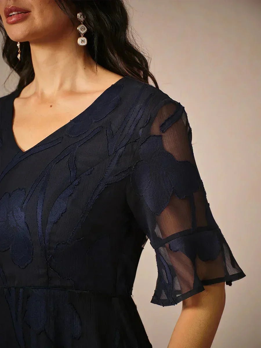 V-Neck Flutter Sleeve Floral Burnout Sheer A-Line Maxi Dress