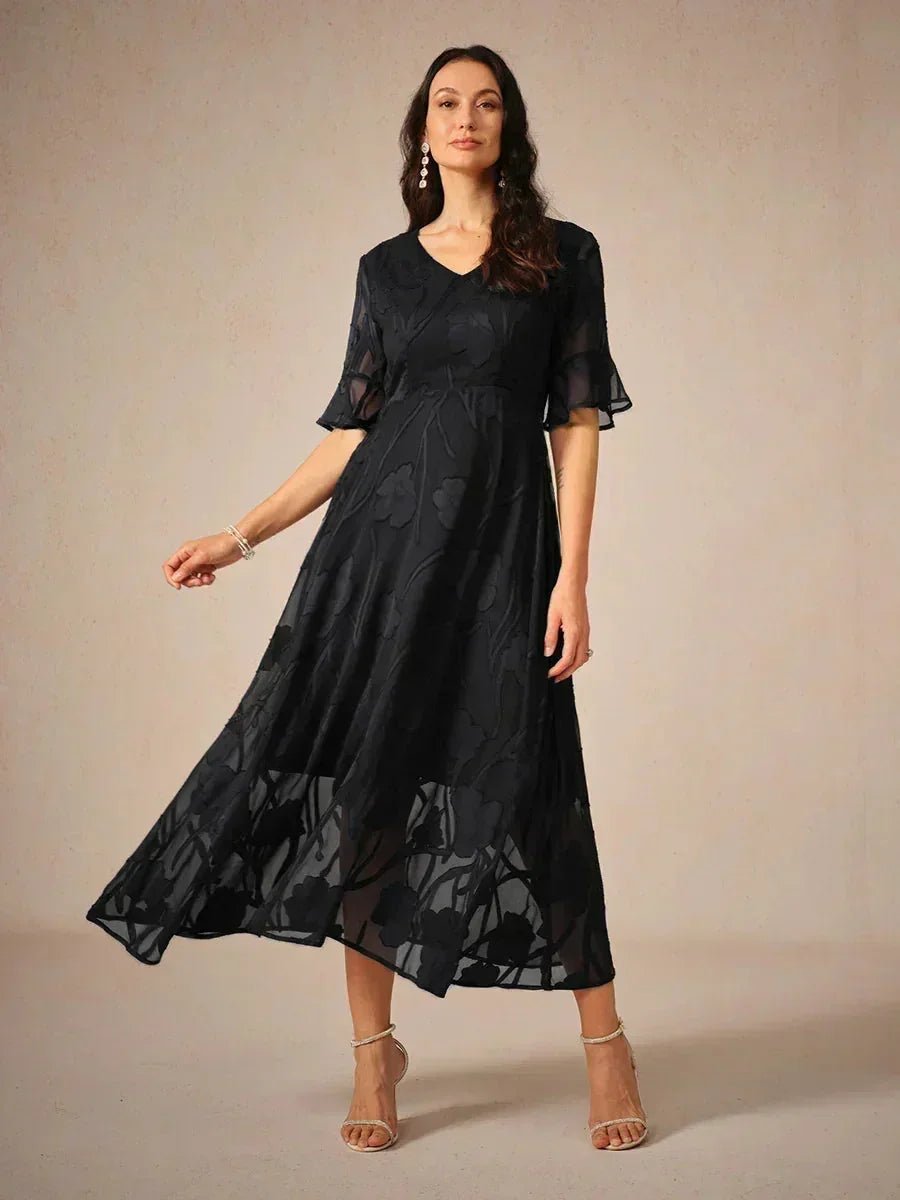 V-Neck Flutter Sleeve Floral Burnout Sheer A-Line Maxi Dress