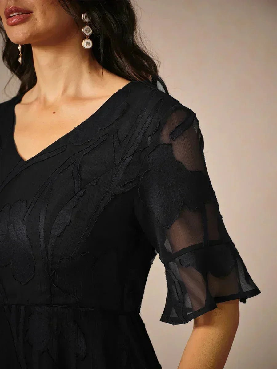 V-Neck Flutter Sleeve Floral Burnout Sheer A-Line Maxi Dress