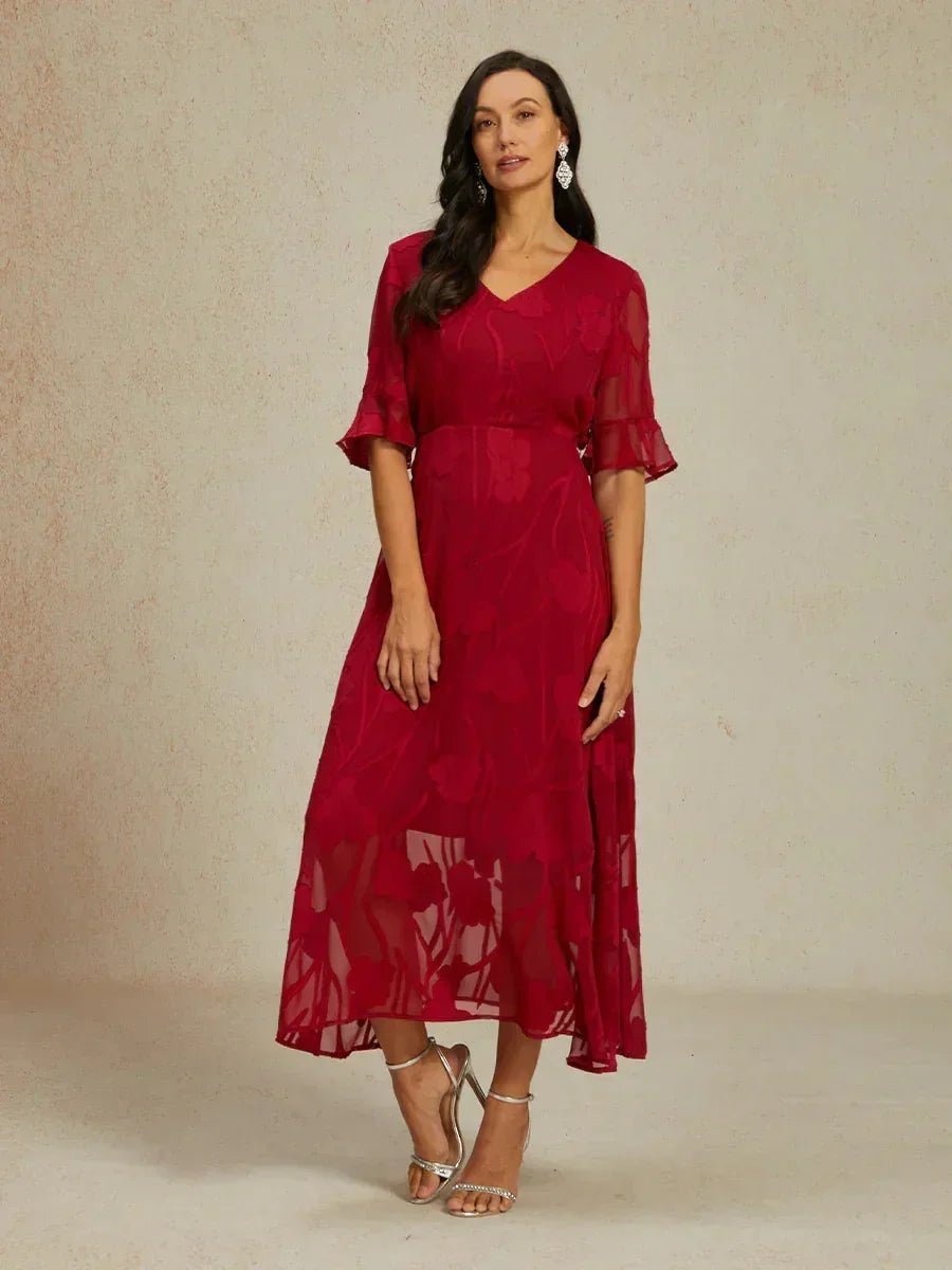 V-Neck Flutter Sleeve Floral Burnout Sheer A-Line Maxi Dress