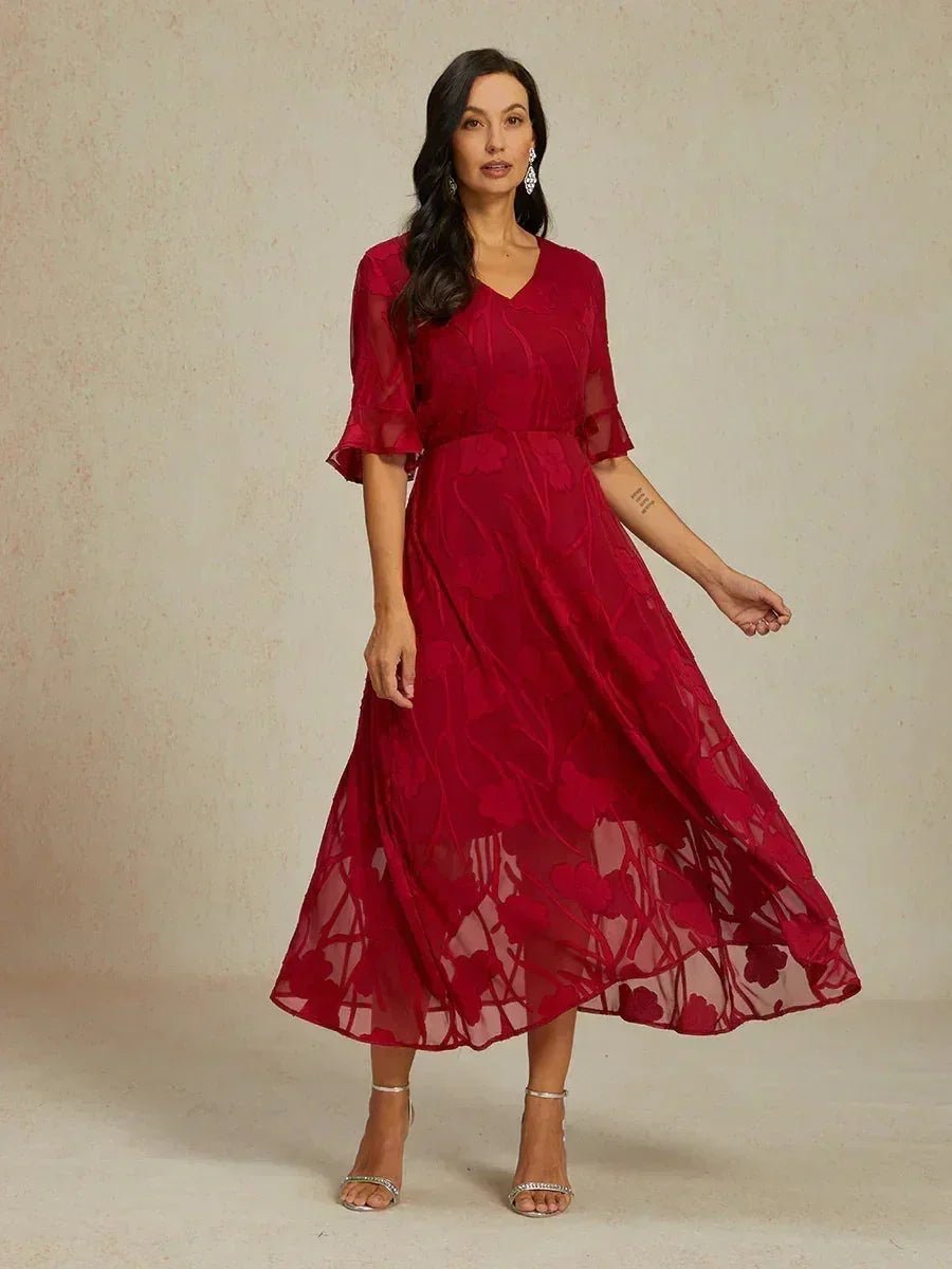 V-Neck Flutter Sleeve Floral Burnout Sheer A-Line Maxi Dress