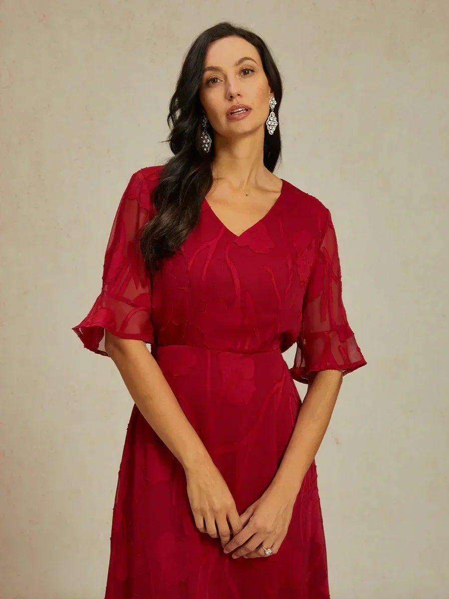 V-Neck Flutter Sleeve Floral Burnout Sheer A-Line Maxi Dress