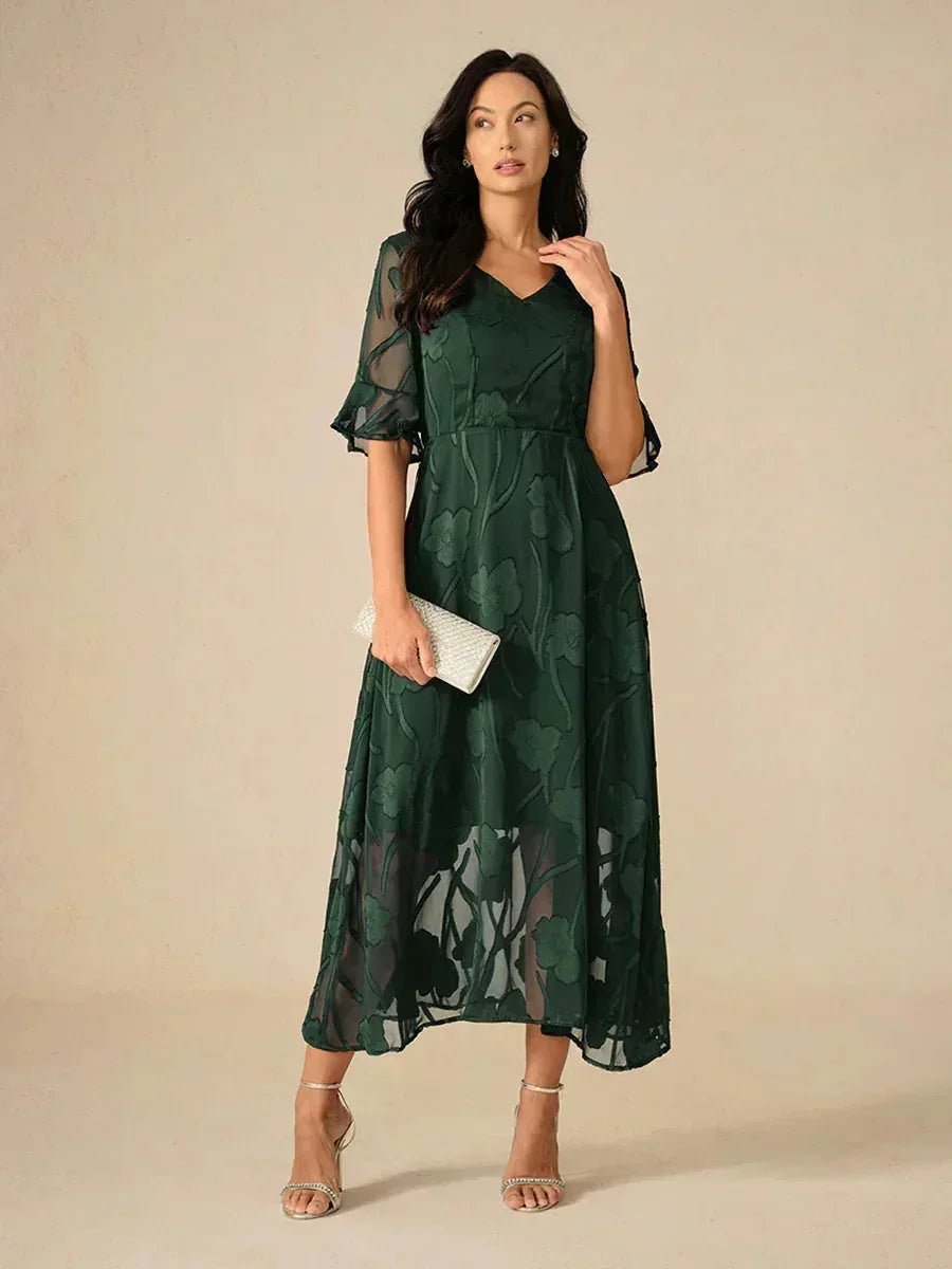 V-Neck Flutter Sleeve Floral Burnout Sheer A-Line Maxi Dress