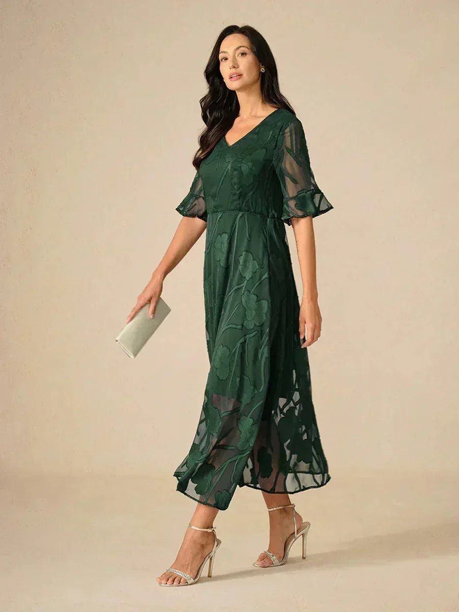V-Neck Flutter Sleeve Floral Burnout Sheer A-Line Maxi Dress