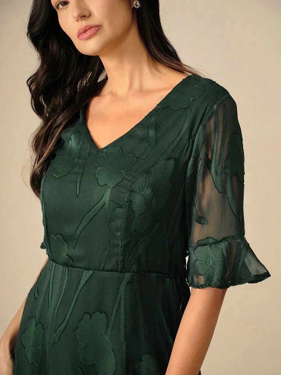 V-Neck Flutter Sleeve Floral Burnout Sheer A-Line Maxi Dress