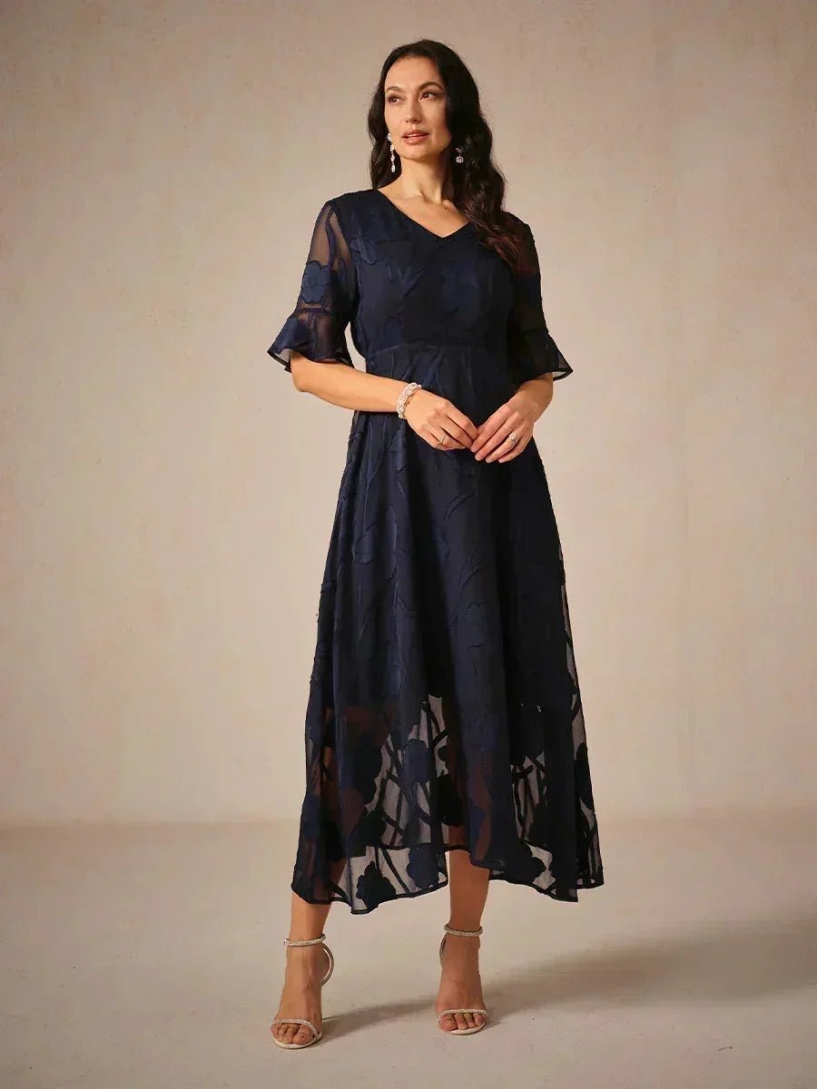 V-Neck Flutter Sleeve Floral Burnout Sheer A-Line Maxi Dress