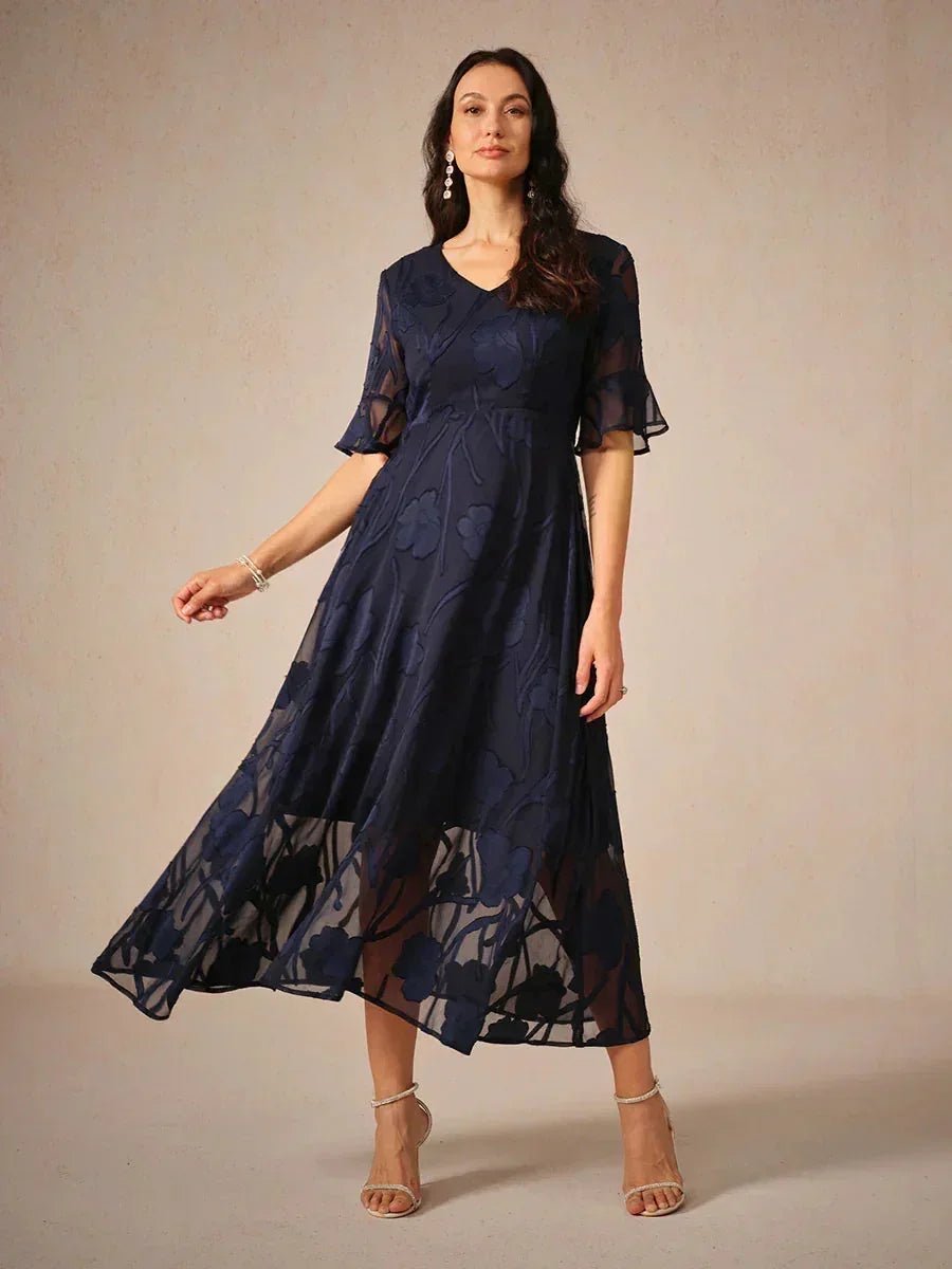 V-Neck Flutter Sleeve Floral Burnout Sheer A-Line Maxi Dress