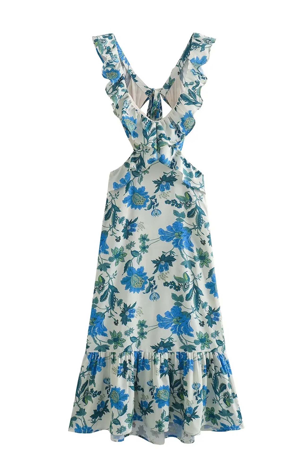 Ruffled Cutout Floral Printed Lace Up Dress