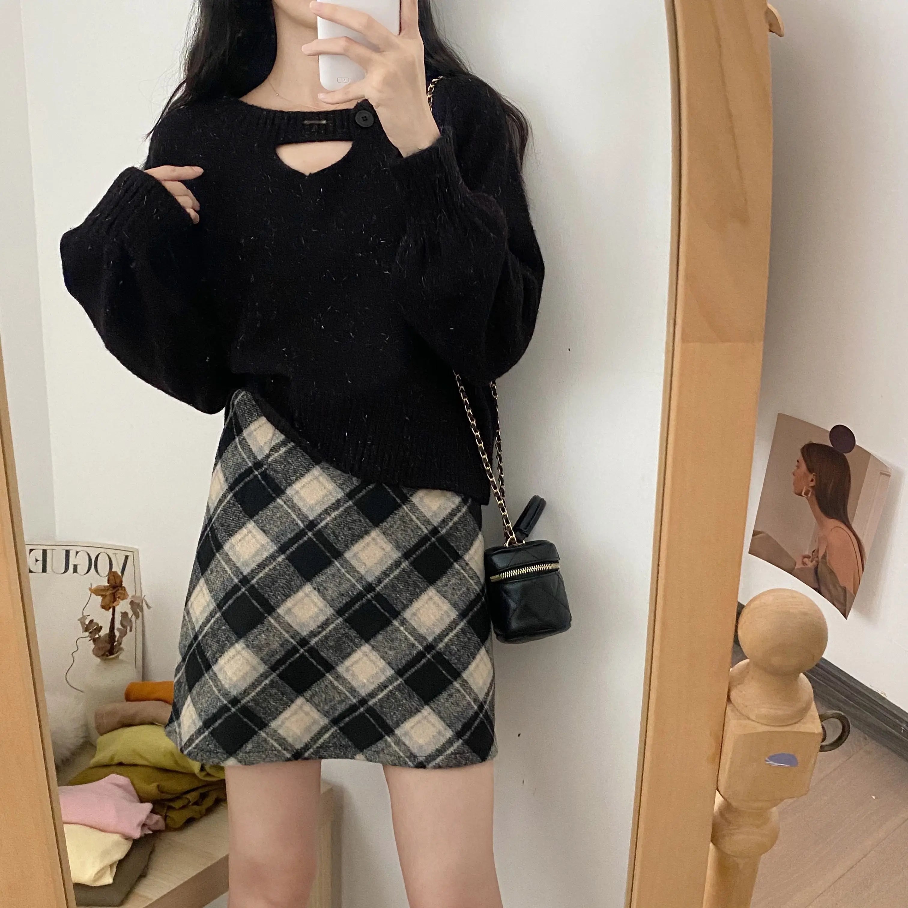 Mini Plaid Aline Red Style Allmatch Woolen Daily Skirt