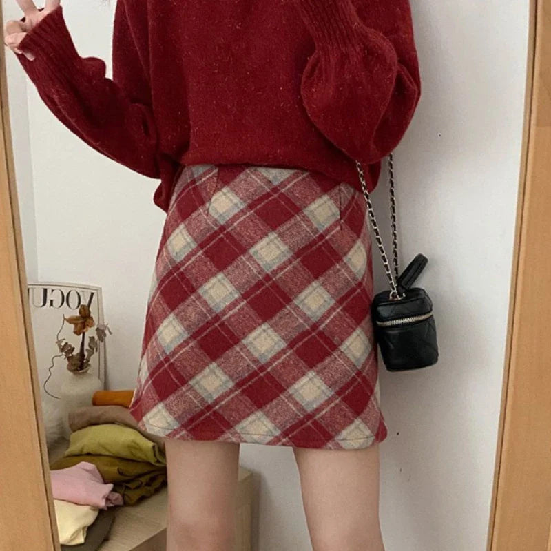 Mini Plaid Aline Red Style Allmatch Woolen Daily Skirt