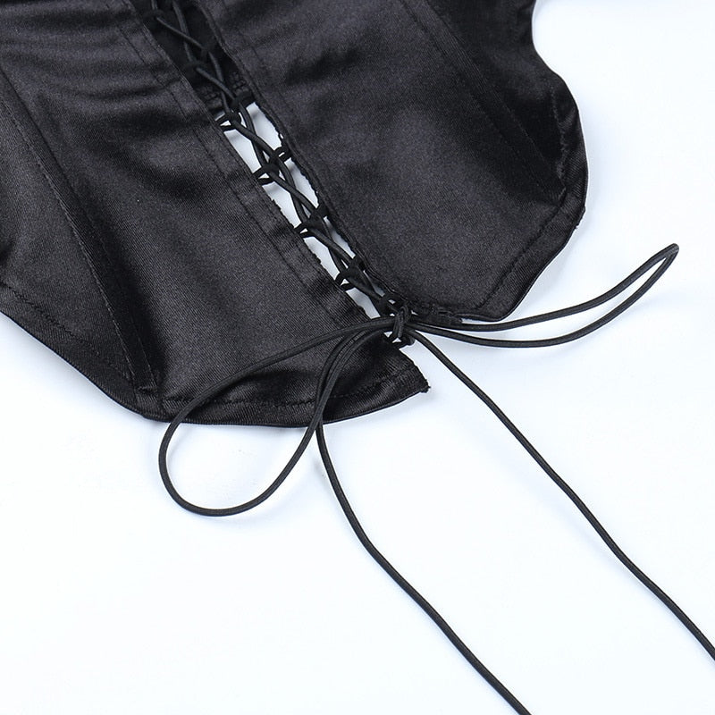 Black V-Neck Lace Trim Lace-Up Corset Satin Mini Dress