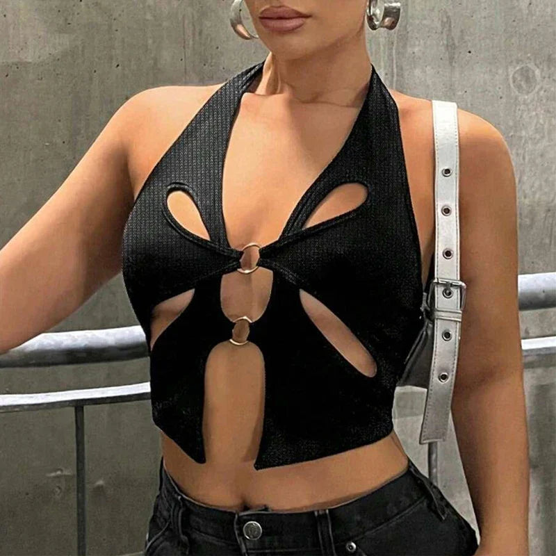 Sexy Backless Y2K Black Asymmetrical Slim Cami Top