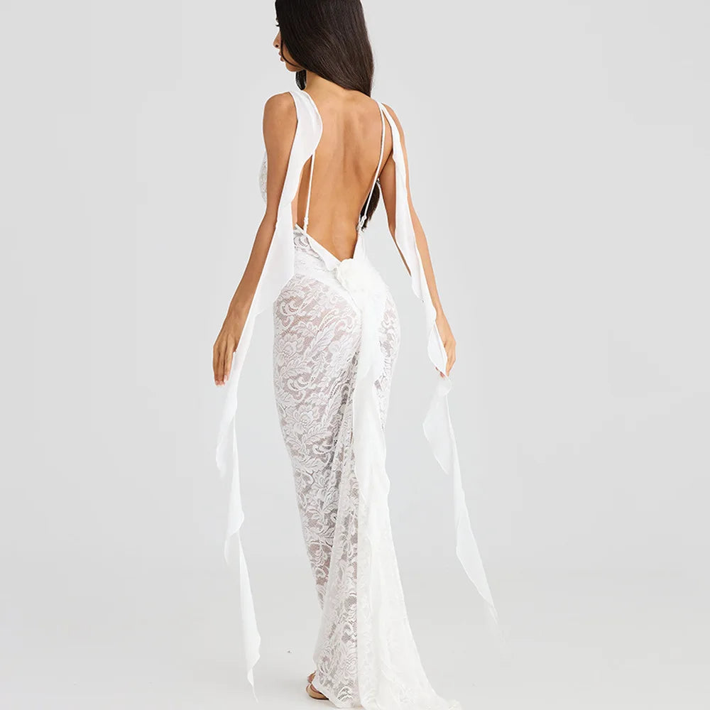Lace Patchwork Backless Trailing Long Dress