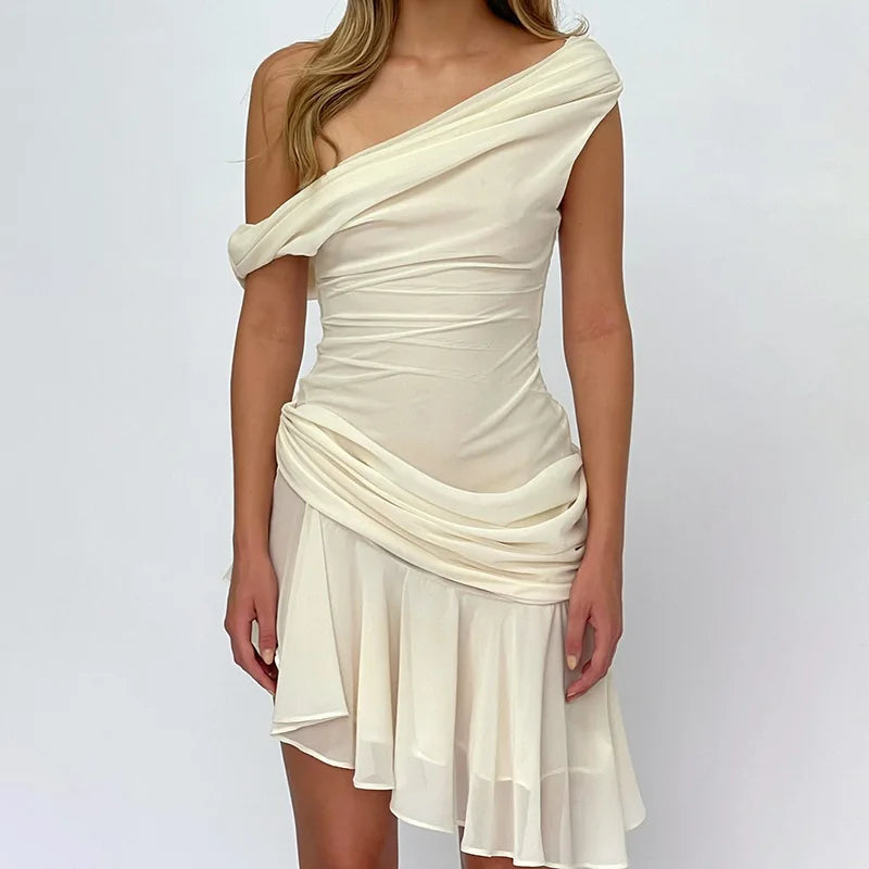 One-Shoulder Draped Ruched Asymmetric Ruffle Hem Bodycon Mini Dress 3