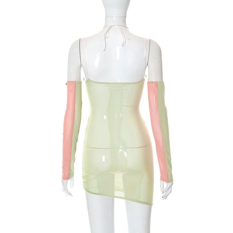 Multi Halter Strap Colorblock Mesh Ruched Cutout Bodycon Mini Dress