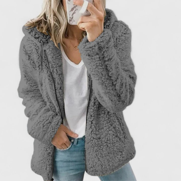 Hooded Fleece Zip Front Long Sleeve Fuzzy Jacket