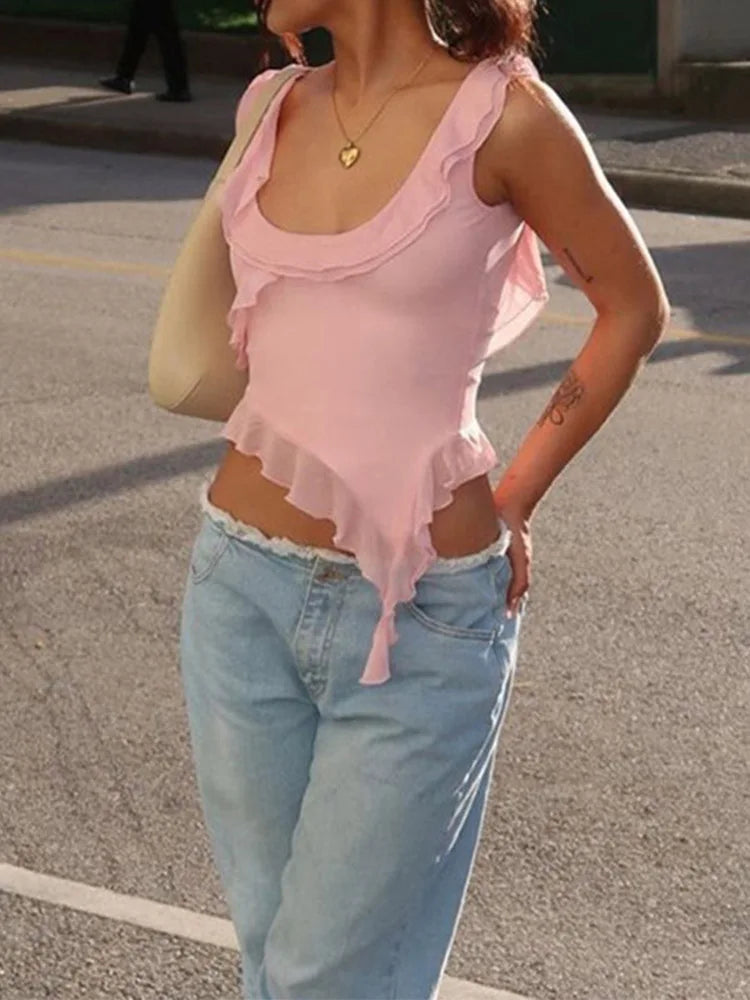 Oneck Ruffled Backless Irregular Cami Top