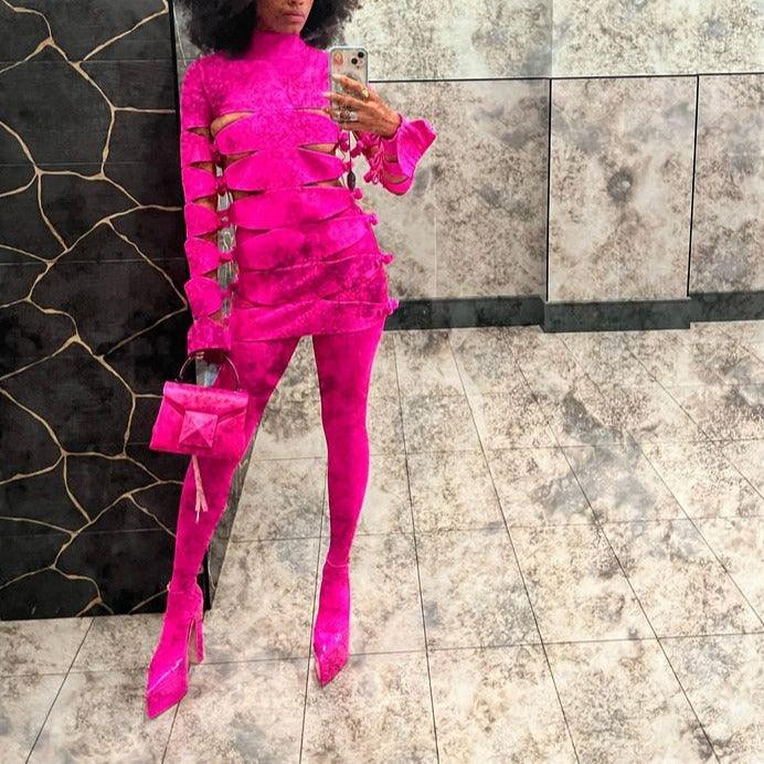 Pink High Neck Long Sleeve Bow Cutout Bodycon Mini Dress