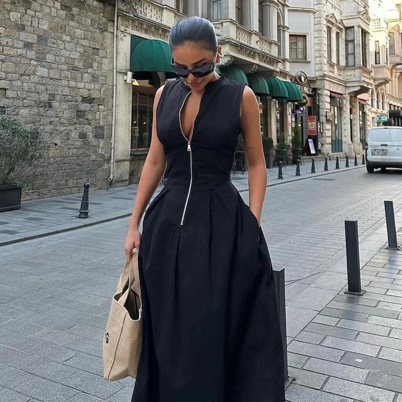 Sleeveless Spliced Zipper VNeck Pleated Work Dress