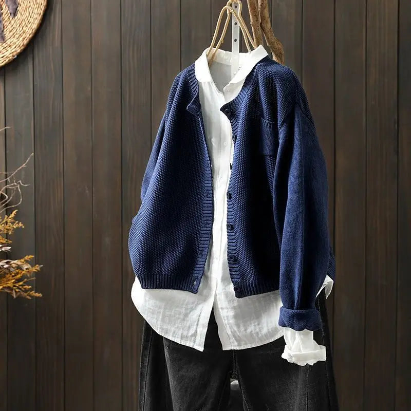 Round Neck Button Front Pocket Long Sleeve Knit Cardigan