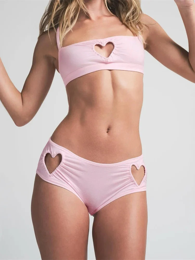 Heart Hollow Simple Vacation Camisole Two Piece Shorts Set