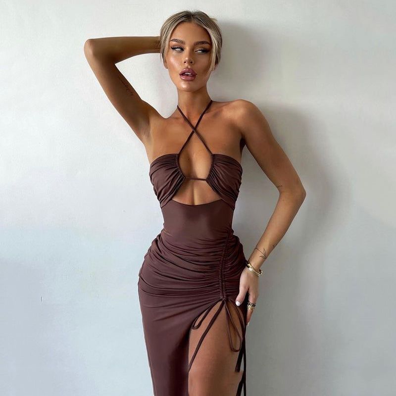 Halter Cutout Ruched Drawstring High Slit Bodycon Maxi Dress