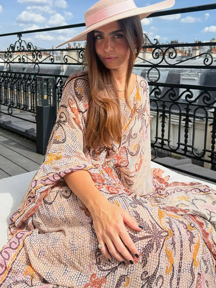 Print V-Neck Batwing Sleeve Bohemian Print Drawstring Kaftan Maxi Dress 5