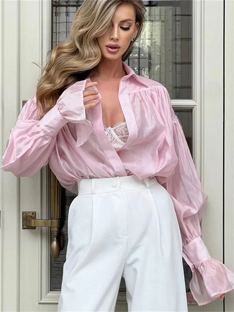 Loose SeeThrough Lapel Long Sleeve Blouse