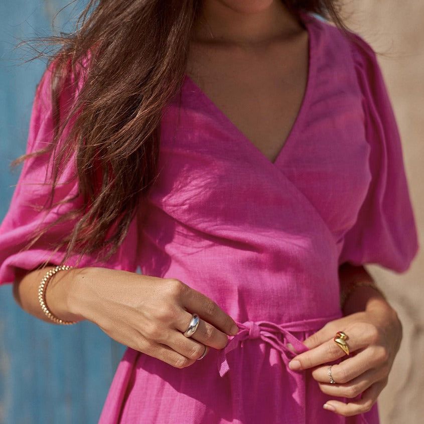 V-Neck Puff Sleeve Wrap Linen Side Slit Midi Dress