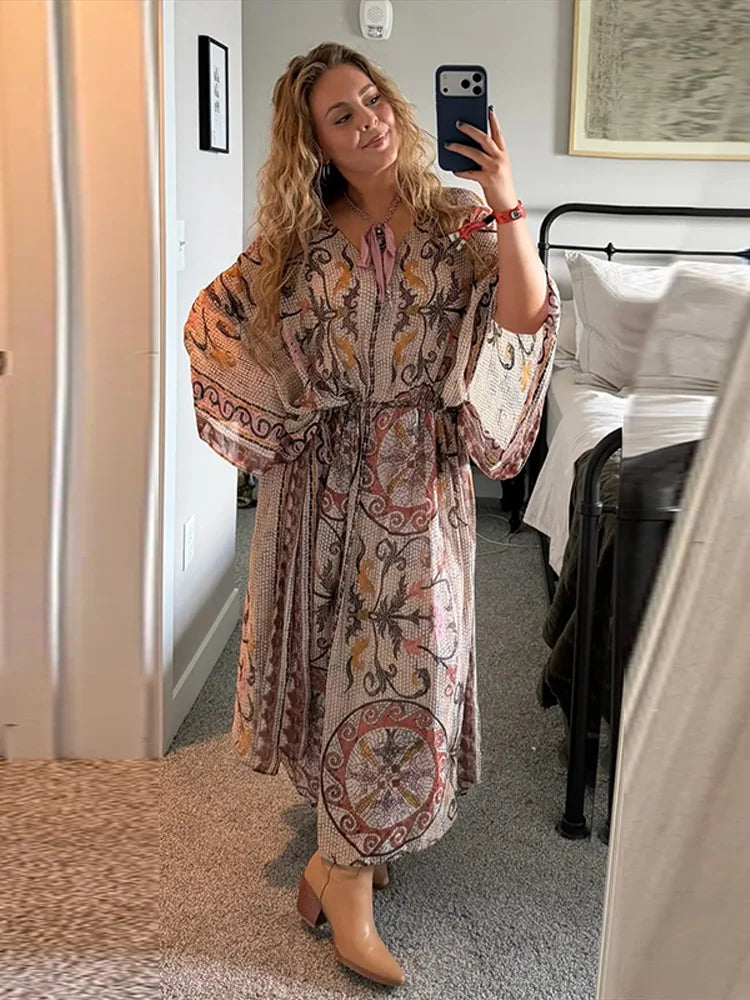 Print V-Neck Batwing Sleeve Bohemian Print Drawstring Kaftan Maxi Dress 6