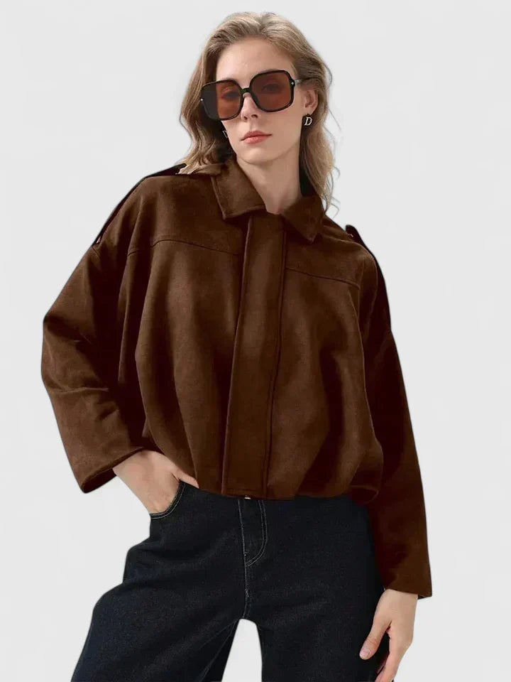 Collared Suede Zip Front Drop Shoulder Oversized Jacket