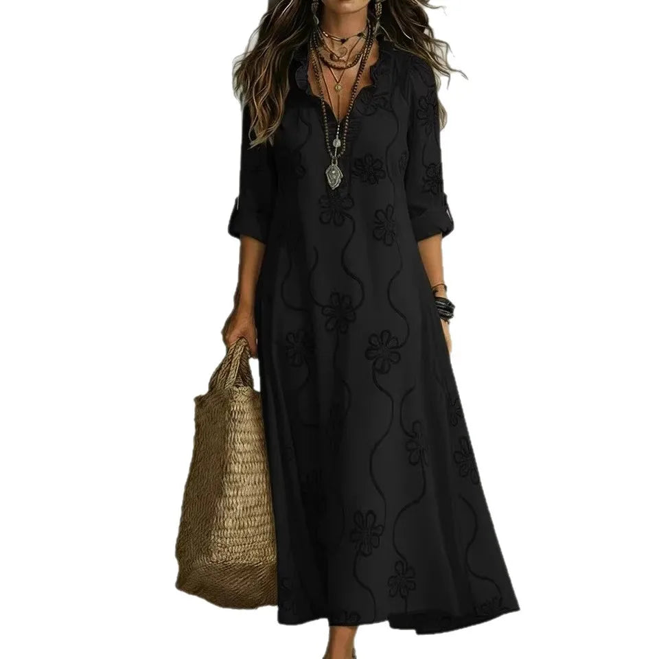 Split Neck Roll Sleeve Floral Textured A-Line Maxi Dress 11