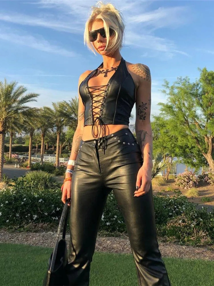 Sexy Solid Color PU Laceup Y2K Slim Cami Top