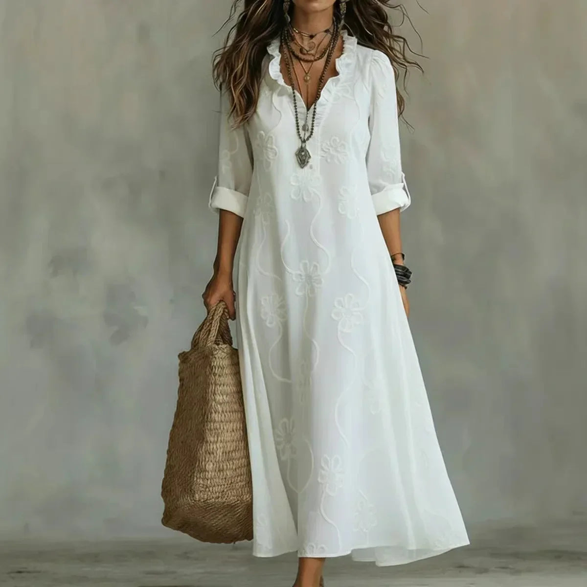 Notch Neck Roll Sleeve Floral Textured Shift Maxi Dress