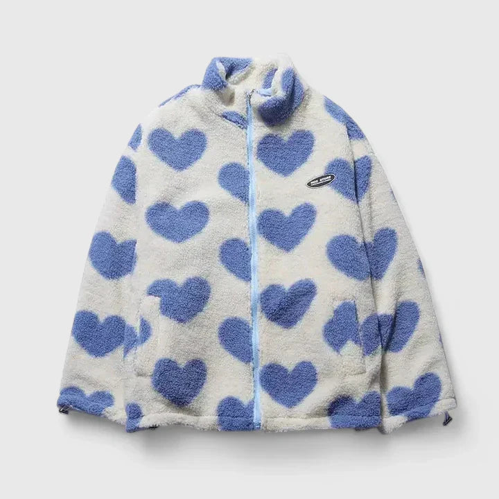 Heart Print Stand Collar Zip-Front Cozy Fleece Jacket