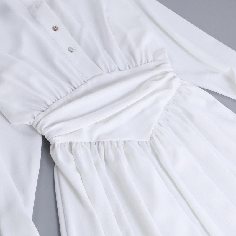 White Collared V-Neck Sheer Long Sleeve Ruched Waist Shirt Mini Dress