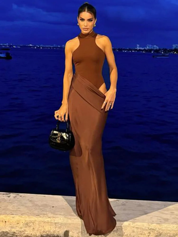 Satin Hollow Out Black Maxi Dress