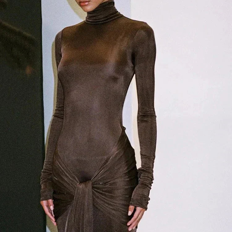 Turtleneck Long Sleeve Slinky Knot Front Bodycon Maxi Dress