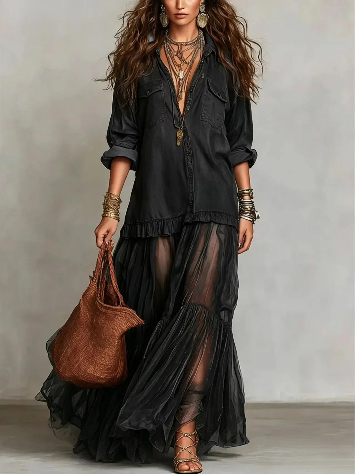 Collared Button Front Long Sleeve Denim Tulle Ruffle Maxi Dress 10