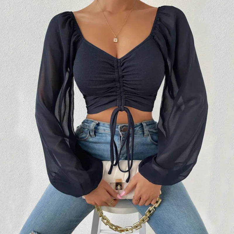 VNeck Drawstring Bandage Sheer Top