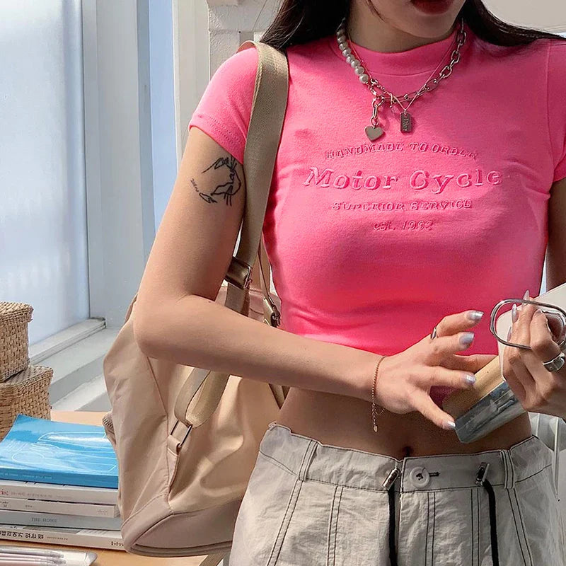 Pink ONeck Slim Fit Streetwear Crop Top