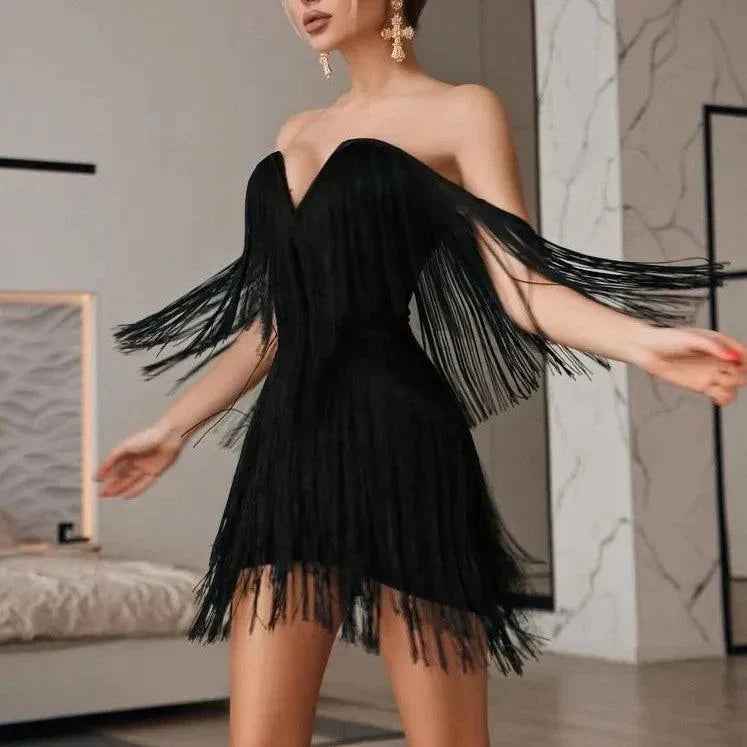 V-Neck Tiered Fringe Tassel Bodycon Mini Dress