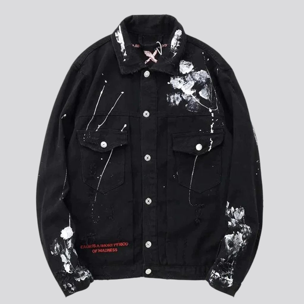 Black Graffiti Print Distressed Paint Splatter Denim Jacket 2
