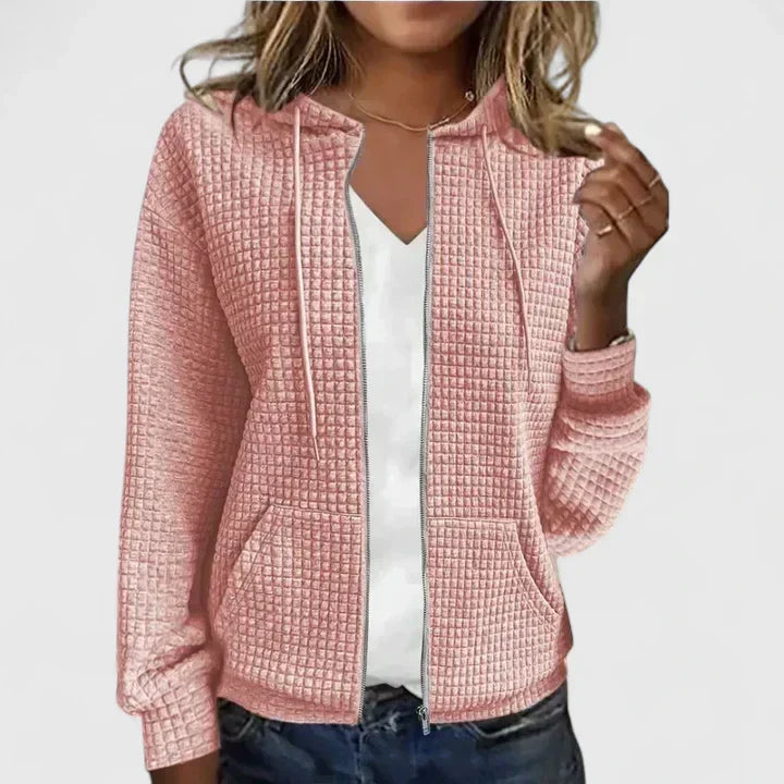 Hooded Waffle Knit Zip Front Drawstring Long Sleeve Hoodie Jacket