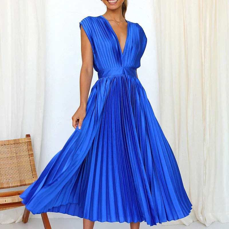 V-Neck Cap Sleeve Pleated Satin A-Line Midi Dress 5