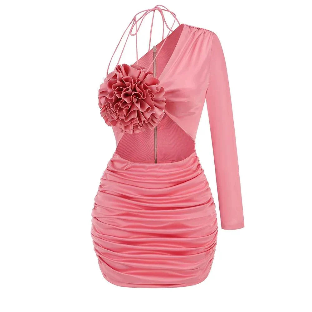 Pink One Shoulder Rosette Satin Cutout Ruched Bodycon Mini Dress