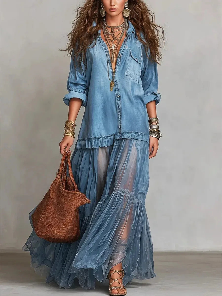 Collared Button Front Long Sleeve Denim Tulle Ruffle Maxi Dress 12